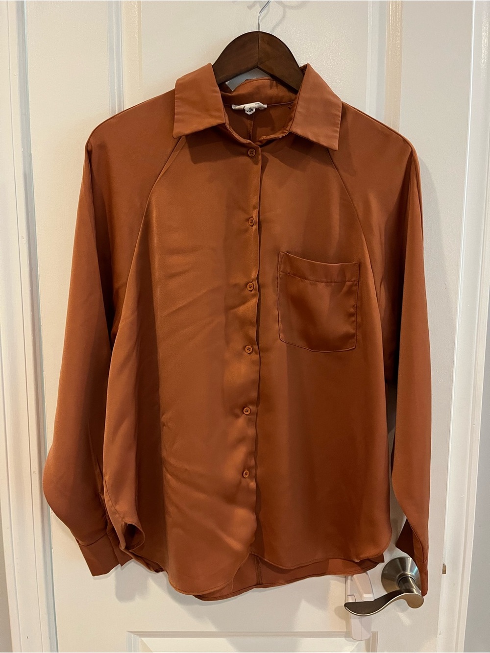 Women's Pumpkin Spice Satin Button-Front Blouse